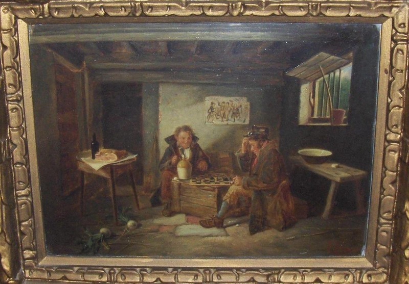 A cottage interior with draughts players