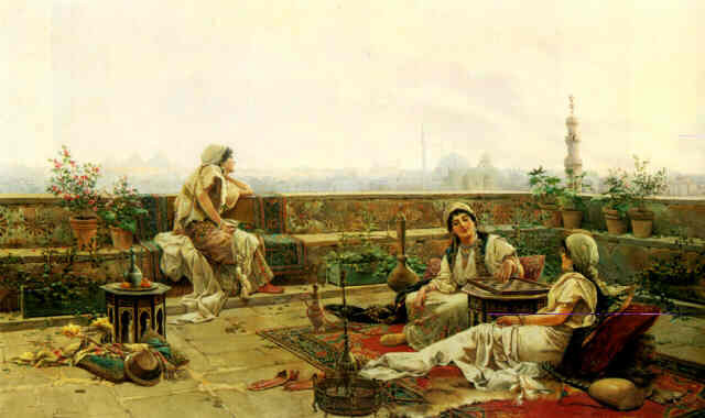 Ladies of a harem on a terrace overlooking Cairo