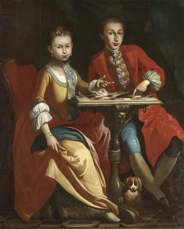 Portrait of a pair of noble children, full length, seated at a table playing draughts, a small dog seated below