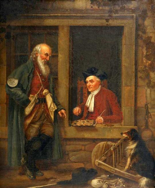 Two men playing draughts by a window