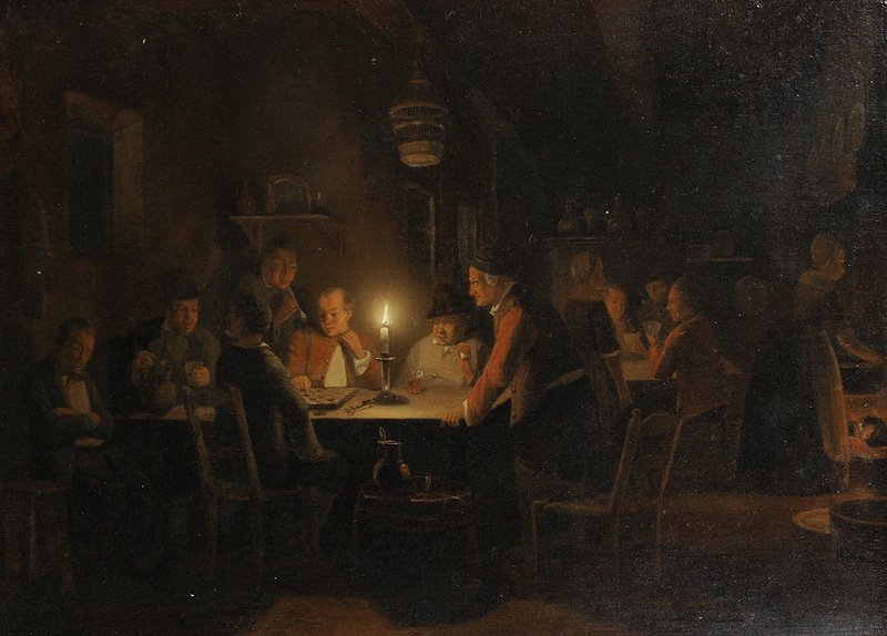 Tavern scene, playing draughts by candlelight