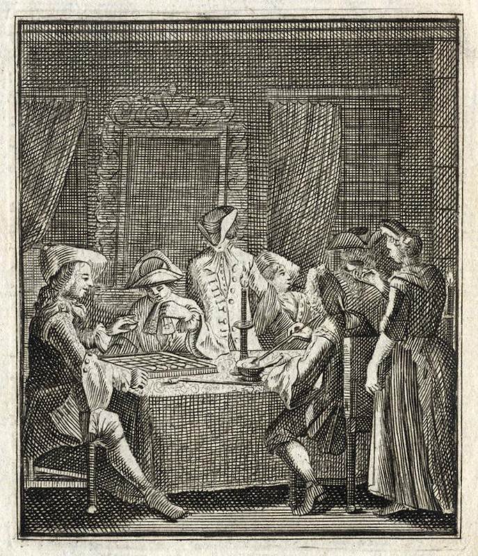 Het Coffy-Huys. (The Coffee House with men at a table playing draughts)