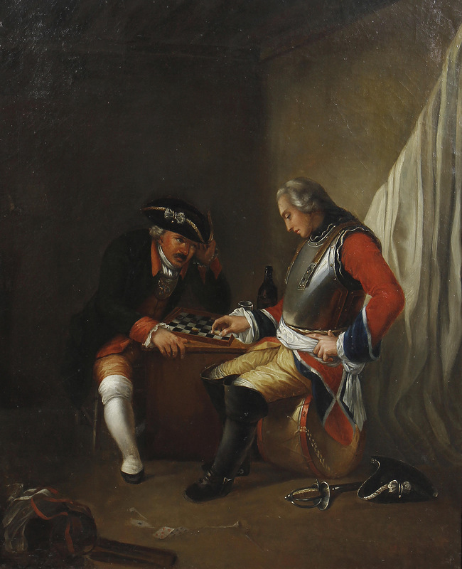 Officers playing draughts in a guardroom interior (English School)