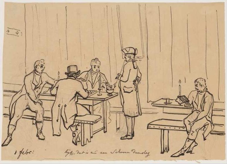 Twee heren aan het dammen in een koffiehuis, onder het toeziend oog van onder anderen Christiaan Andriessen 
