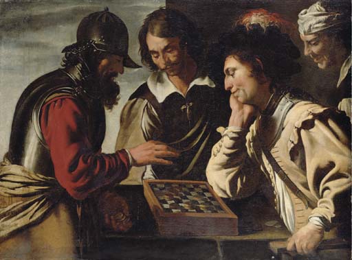 Soldiers playing draughts at a table