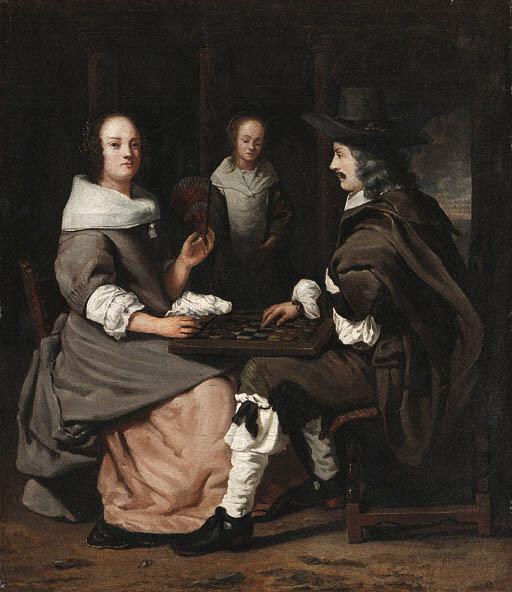 An elegant Couple playing Checkers in an Interior