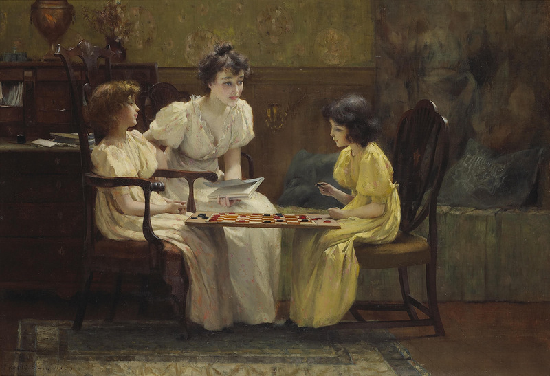 Young girls playing checkers